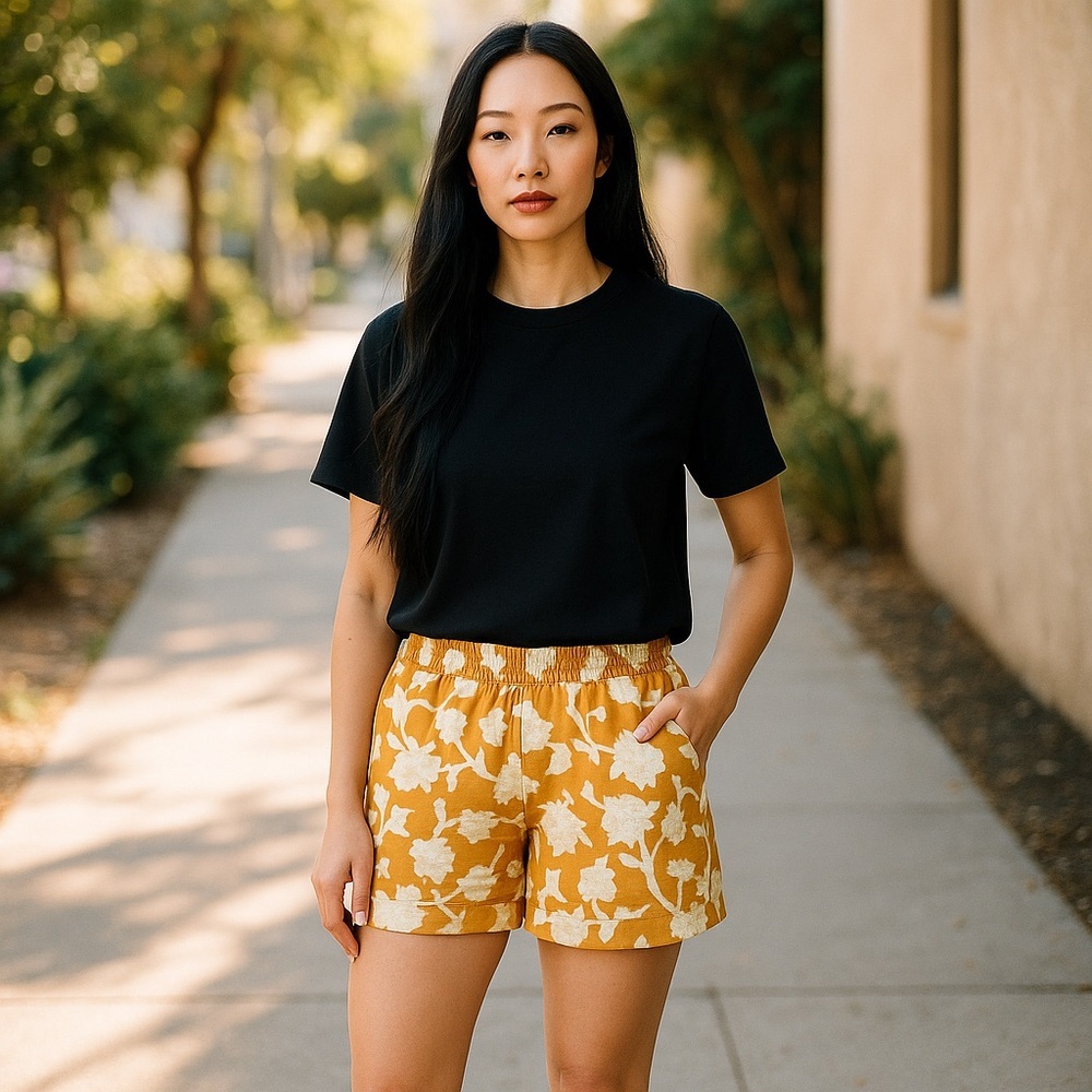 Briggs Mustard Yellow Floral Linen blend Pull-On Shorts Pockets XL
